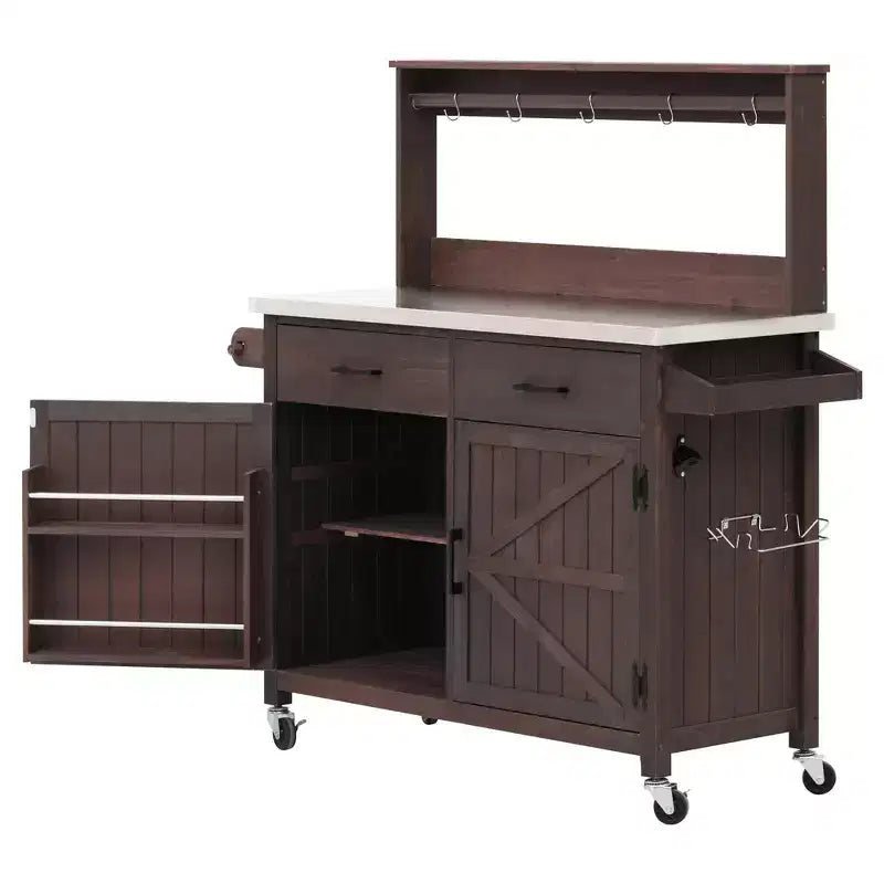 Whisen 54.1 Outdoor Kitchen Island Carts, Patio Garden Potting Bench, Outdoor Grill BBQ Cart with Stainless Top, Storage Cabinet Drawers