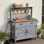 Whisen 54.1 Outdoor Kitchen Island Carts, Patio Garden Potting Bench, Outdoor Grill BBQ Cart with Stainless Top, Storage Cabinet Drawers