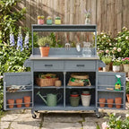 Whisen 54.1 Outdoor Kitchen Island Carts, Patio Garden Potting Bench, Outdoor Grill BBQ Cart with Stainless Top, Storage Cabinet Drawers