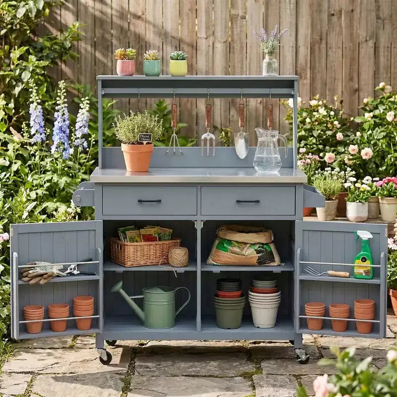 Whisen 54.1 Outdoor Kitchen Island Carts, Patio Garden Potting Bench, Outdoor Grill BBQ Cart with Stainless Top, Storage Cabinet Drawers
