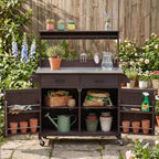 Whisen 54.1 Outdoor Kitchen Island Carts, Patio Garden Potting Bench, Outdoor Grill BBQ Cart with Stainless Top, Storage Cabinet Drawers