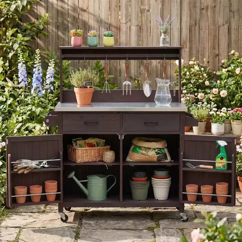 Whisen 54.1 Outdoor Kitchen Island Carts, Patio Garden Potting Bench, Outdoor Grill BBQ Cart with Stainless Top, Storage Cabinet Drawers