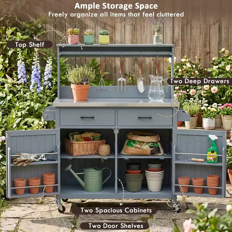 Whisen 54.1 Outdoor Kitchen Island Carts, Patio Garden Potting Bench, Outdoor Grill BBQ Cart with Stainless Top, Storage Cabinet Drawers
