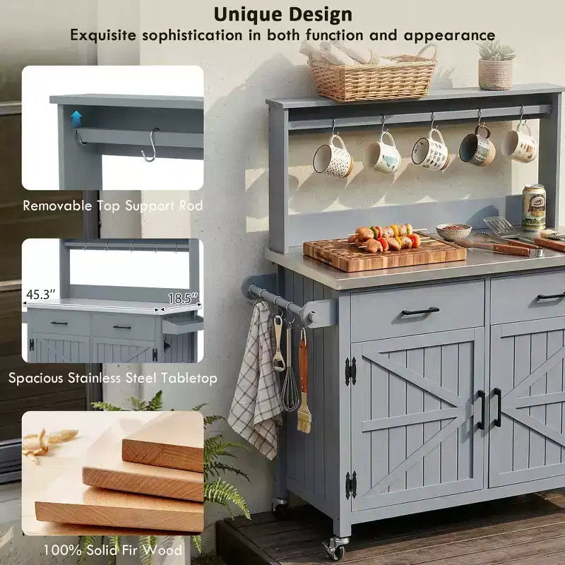 Whisen 54.1 Outdoor Kitchen Island Carts, Patio Garden Potting Bench, Outdoor Grill BBQ Cart with Stainless Top, Storage Cabinet Drawers