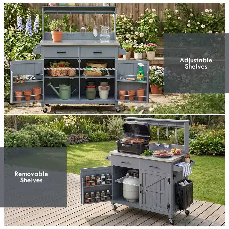 Whisen 54.1 Outdoor Kitchen Island Carts, Patio Garden Potting Bench, Outdoor Grill BBQ Cart with Stainless Top, Storage Cabinet Drawers