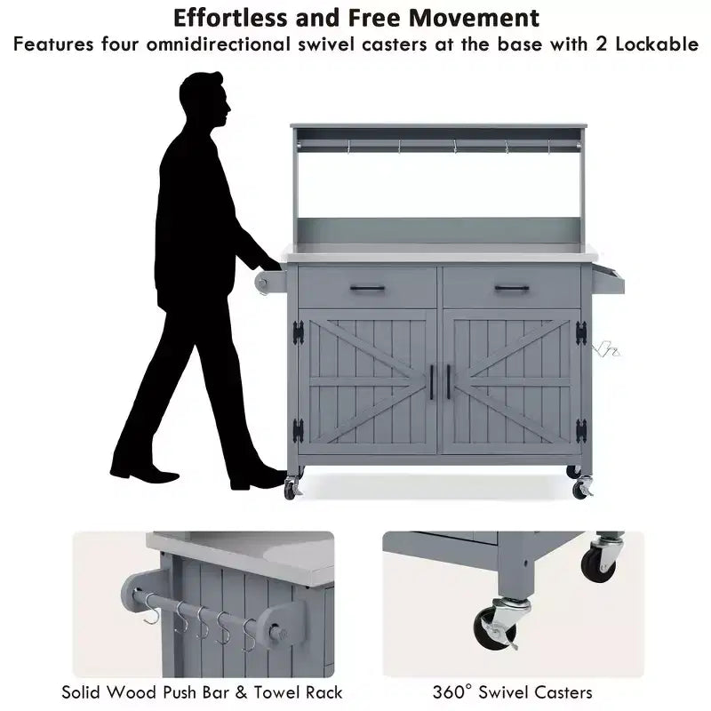 Whisen 54.1 Outdoor Kitchen Island Carts, Patio Garden Potting Bench, Outdoor Grill BBQ Cart with Stainless Top, Storage Cabinet Drawers