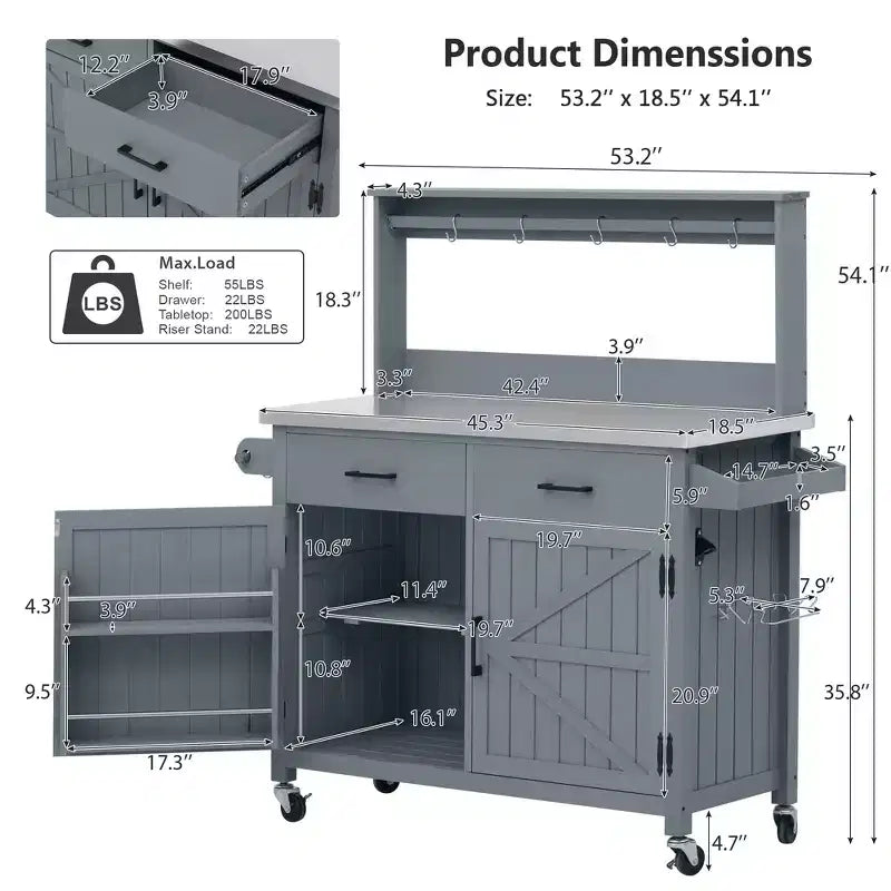 Whisen 54.1 Outdoor Kitchen Island Carts, Patio Garden Potting Bench, Outdoor Grill BBQ Cart with Stainless Top, Storage Cabinet Drawers