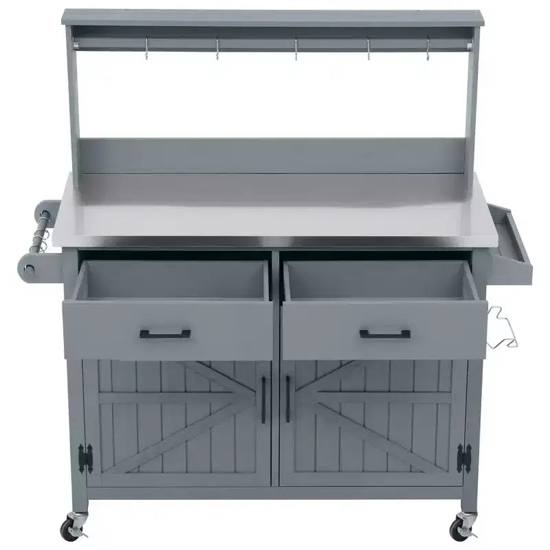 Whisen 54.1 Outdoor Kitchen Island Carts, Patio Garden Potting Bench, Outdoor Grill BBQ Cart with Stainless Top, Storage Cabinet Drawers