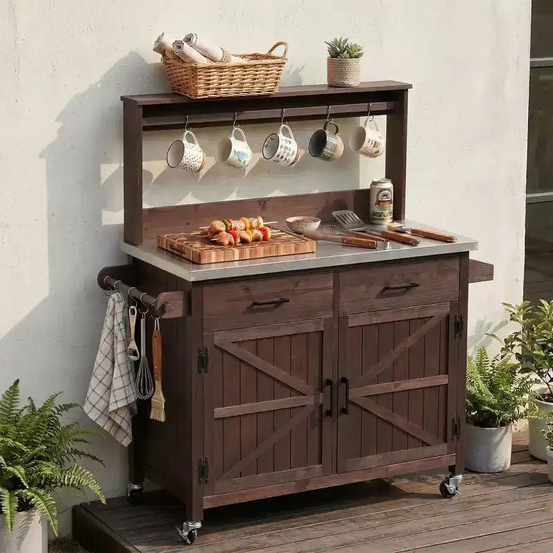 Whisen 54.1 Outdoor Kitchen Island Carts, Patio Garden Potting Bench, Outdoor Grill BBQ Cart with Stainless Top, Storage Cabinet Drawers