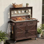 Whisen 54.1 Outdoor Kitchen Island Carts, Patio Garden Potting Bench, Outdoor Grill BBQ Cart with Stainless Top, Storage Cabinet Drawers