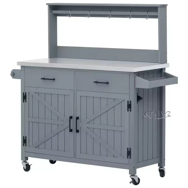 Whisen 54.1 Outdoor Kitchen Island Carts, Patio Garden Potting Bench, Outdoor Grill BBQ Cart with Stainless Top, Storage Cabinet Drawers