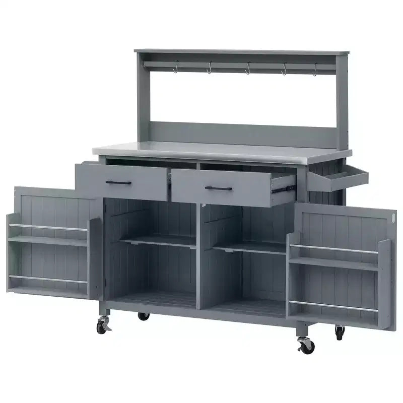 Whisen 54.1 Outdoor Kitchen Island Carts, Patio Garden Potting Bench, Outdoor Grill BBQ Cart with Stainless Top, Storage Cabinet Drawers