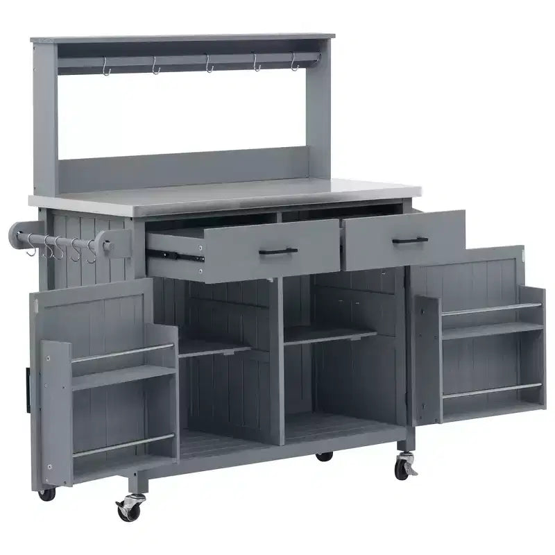 Whisen 54.1 Outdoor Kitchen Island Carts, Patio Garden Potting Bench, Outdoor Grill BBQ Cart with Stainless Top, Storage Cabinet Drawers