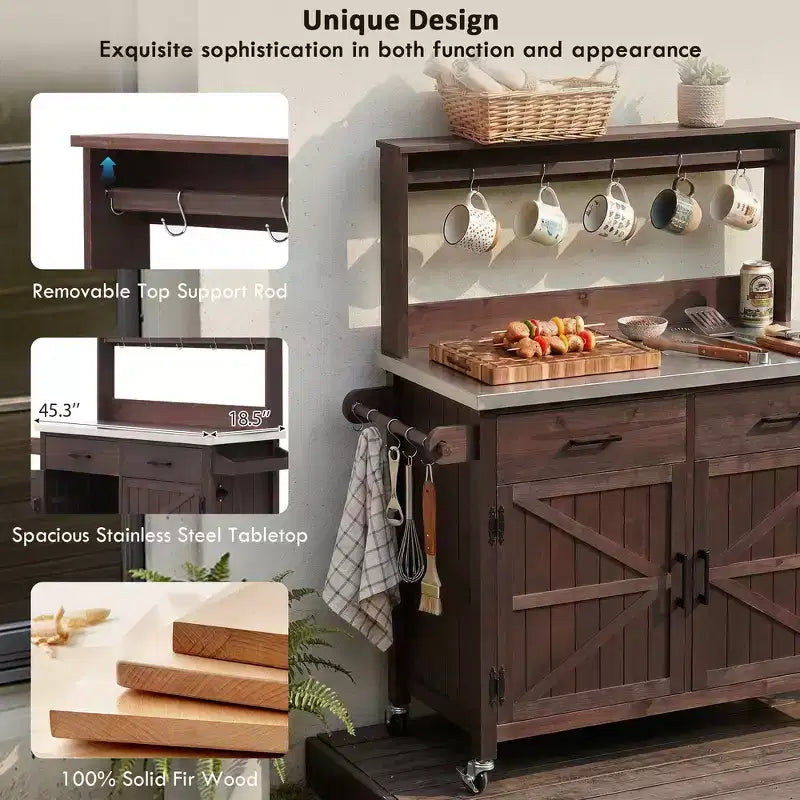 Whisen 54.1 Outdoor Kitchen Island Carts, Patio Garden Potting Bench, Outdoor Grill BBQ Cart with Stainless Top, Storage Cabinet Drawers
