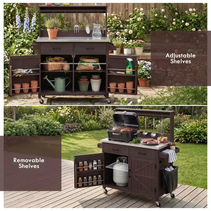 Whisen 54.1 Outdoor Kitchen Island Carts, Patio Garden Potting Bench, Outdoor Grill BBQ Cart with Stainless Top, Storage Cabinet Drawers