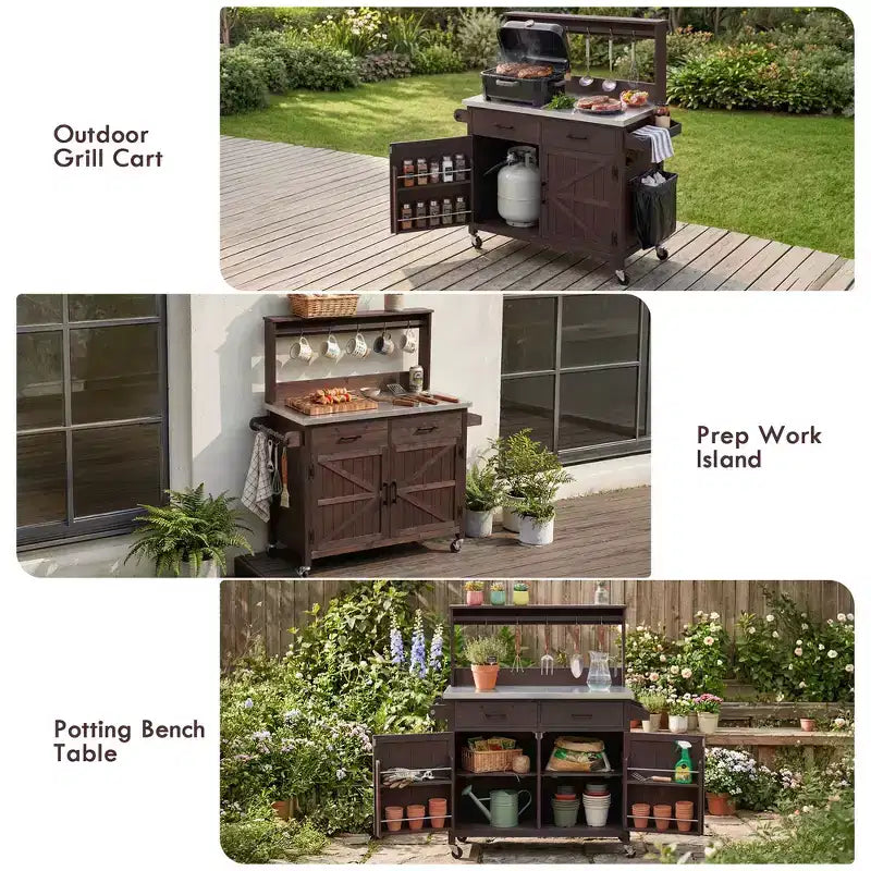 Whisen 54.1 Outdoor Kitchen Island Carts, Patio Garden Potting Bench, Outdoor Grill BBQ Cart with Stainless Top, Storage Cabinet Drawers