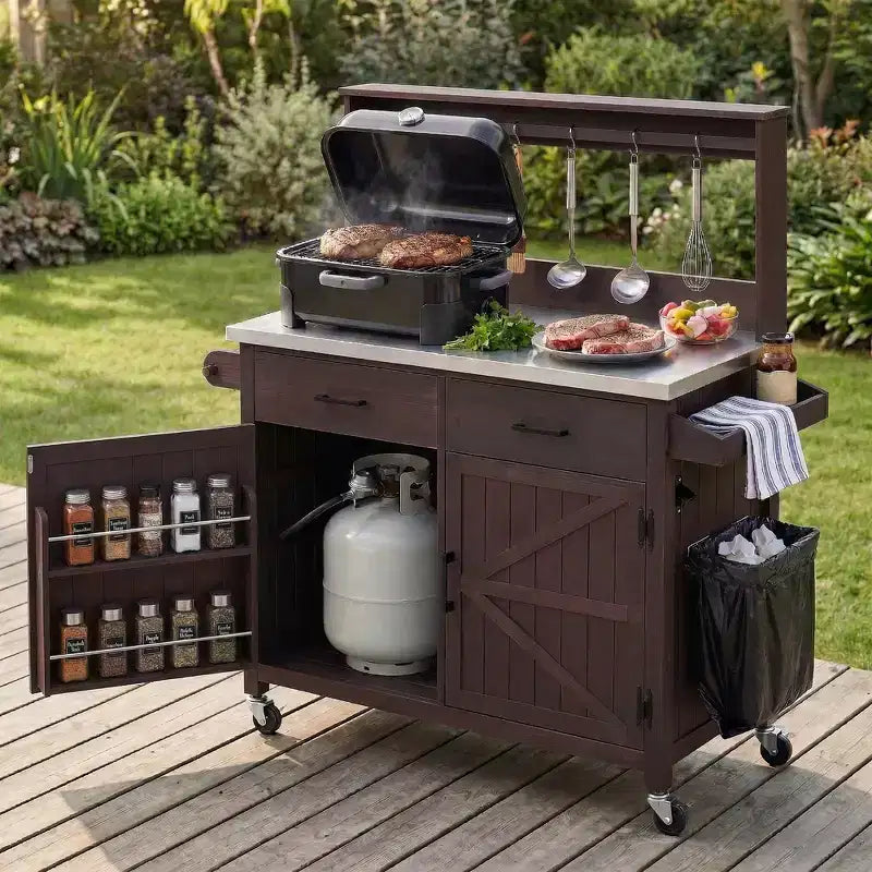 Whisen 54.1 Outdoor Kitchen Island Carts, Patio Garden Potting Bench, Outdoor Grill BBQ Cart with Stainless Top, Storage Cabinet Drawers