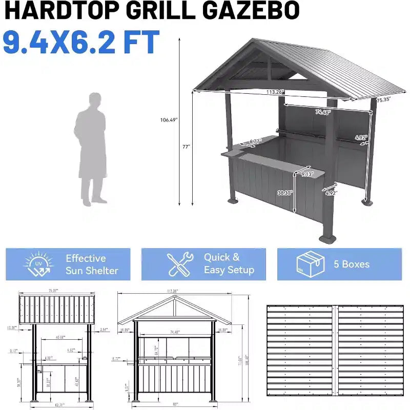 GDFStudio Harry Patio Galvanized Steel Hardtop Grill Gazebo with Storage Shelves and Resin Shade System