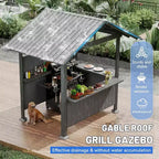 GDFStudio Harry Patio Galvanized Steel Hardtop Grill Gazebo with Storage Shelves and Resin Shade System