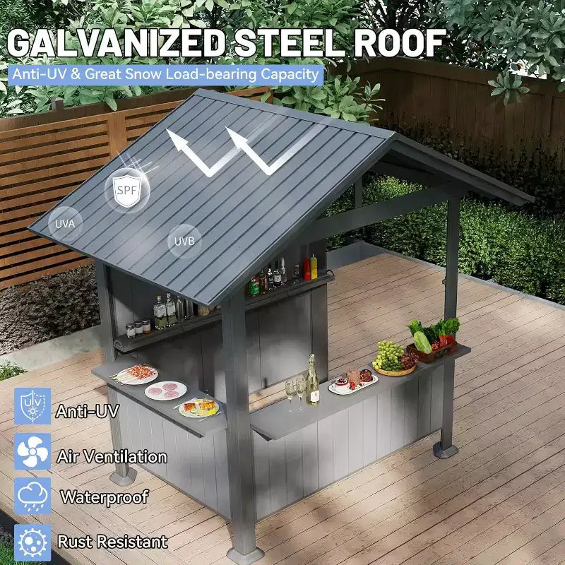 GDFStudio Harry Patio Galvanized Steel Hardtop Grill Gazebo with Storage Shelves and Resin Shade System