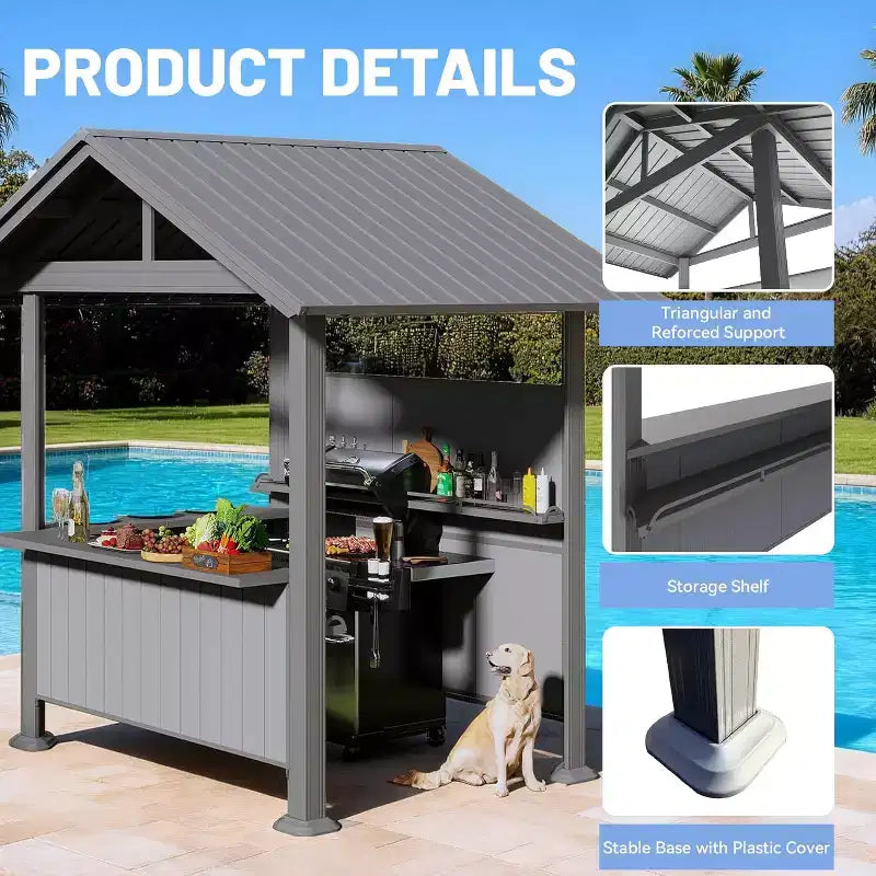 GDFStudio Harry Patio Galvanized Steel Hardtop Grill Gazebo with Storage Shelves and Resin Shade System