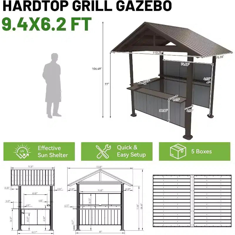 GDFStudio Harry Patio Galvanized Steel Hardtop Grill Gazebo with Storage Shelves and Resin Shade System