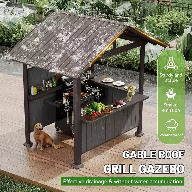 GDFStudio Harry Patio Galvanized Steel Hardtop Grill Gazebo with Storage Shelves and Resin Shade System
