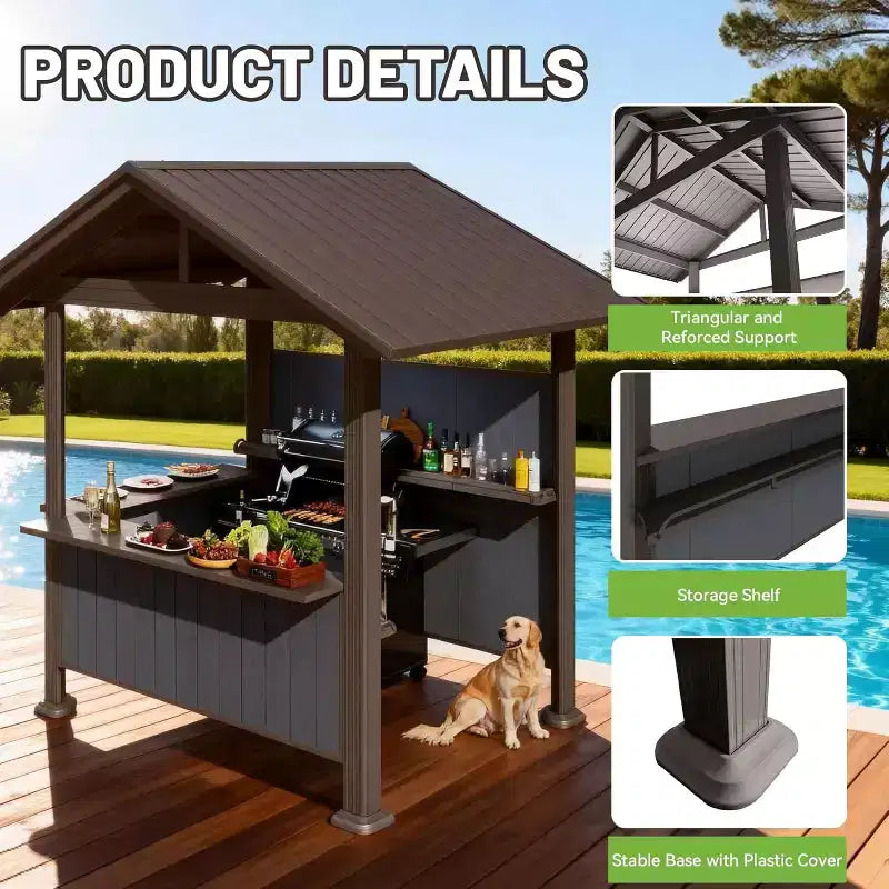 GDFStudio Harry Patio Galvanized Steel Hardtop Grill Gazebo with Storage Shelves and Resin Shade System