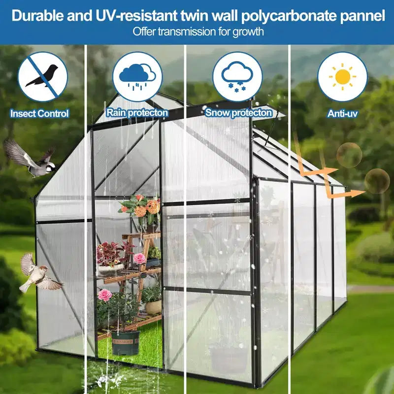 Mondawe 6x8 FT Polycarbonate Greenhouse Raised Base and Anchor Aluminum Heavy Duty Walk-in Greenhouses for Outdoor Backyard