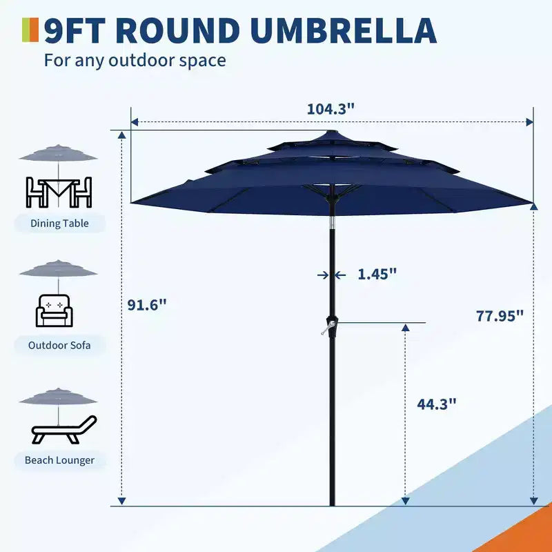 Heavy Duty 9ft 3Tier Patio Umbrella  Outdoor Table Parasol, 8 Ribs, Vented Canopy, Hand Crank, Multiple Colors