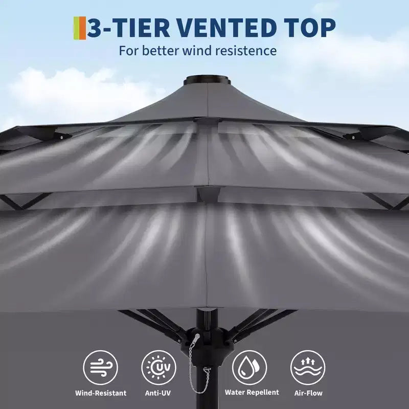 Heavy Duty 9ft 3Tier Patio Umbrella  Outdoor Table Parasol, 8 Ribs, Vented Canopy, Hand Crank, Multiple Colors