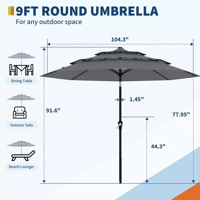 Heavy Duty 9ft 3Tier Patio Umbrella  Outdoor Table Parasol, 8 Ribs, Vented Canopy, Hand Crank, Multiple Colors