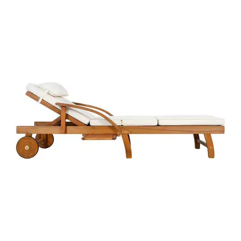 Whisen 77.5 Outdoor Chaise Lounge, Patio Lounge Chair, Pool Lounge Chair with Acacia Wood Frame, Adjustable Backrest, Wheels, Retractable