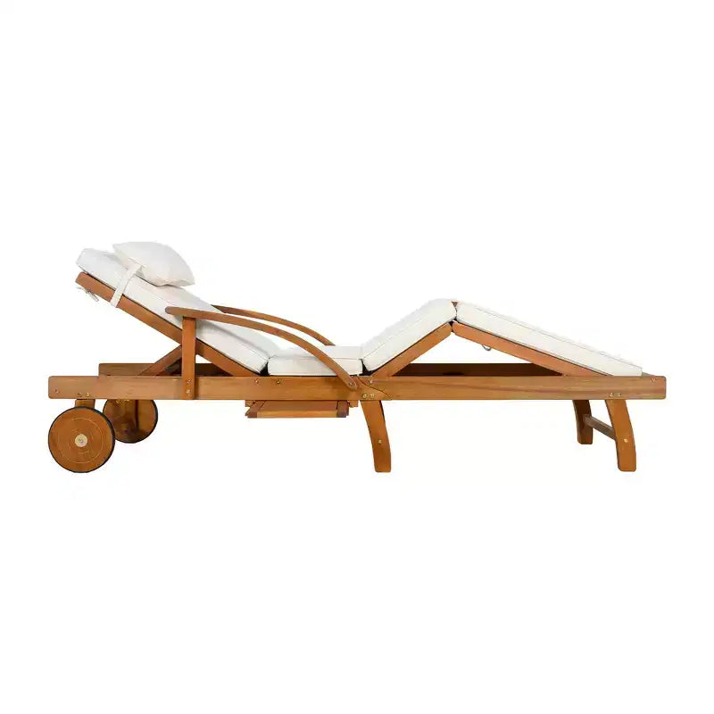 Whisen 77.5 Outdoor Chaise Lounge, Patio Lounge Chair, Pool Lounge Chair with Acacia Wood Frame, Adjustable Backrest, Wheels, Retractable