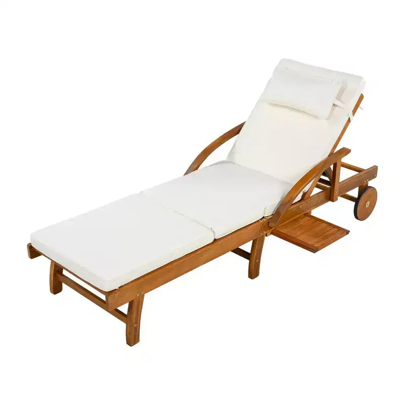 Whisen 77.5 Outdoor Chaise Lounge, Patio Lounge Chair, Pool Lounge Chair with Acacia Wood Frame, Adjustable Backrest, Wheels, Retractable
