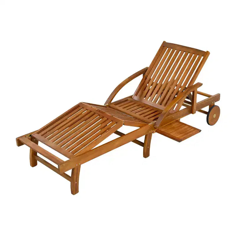 Whisen 77.5 Outdoor Chaise Lounge, Patio Lounge Chair, Pool Lounge Chair with Acacia Wood Frame, Adjustable Backrest, Wheels, Retractable