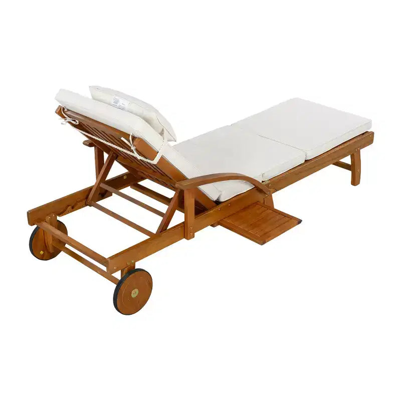 Whisen 77.5 Outdoor Chaise Lounge, Patio Lounge Chair, Pool Lounge Chair with Acacia Wood Frame, Adjustable Backrest, Wheels, Retractable