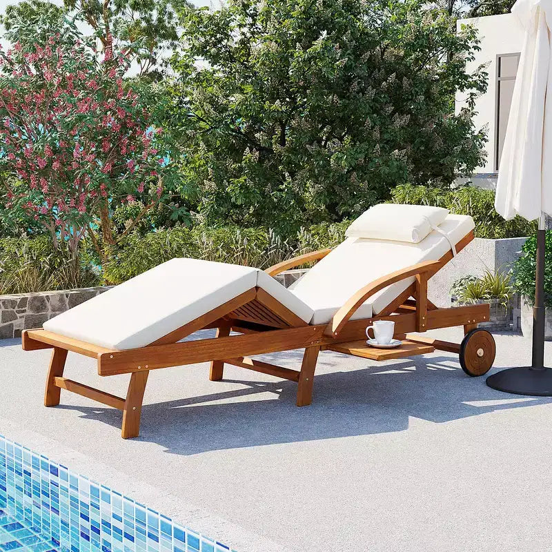 Whisen 77.5 Outdoor Chaise Lounge, Patio Lounge Chair, Pool Lounge Chair with Acacia Wood Frame, Adjustable Backrest, Wheels, Retractable