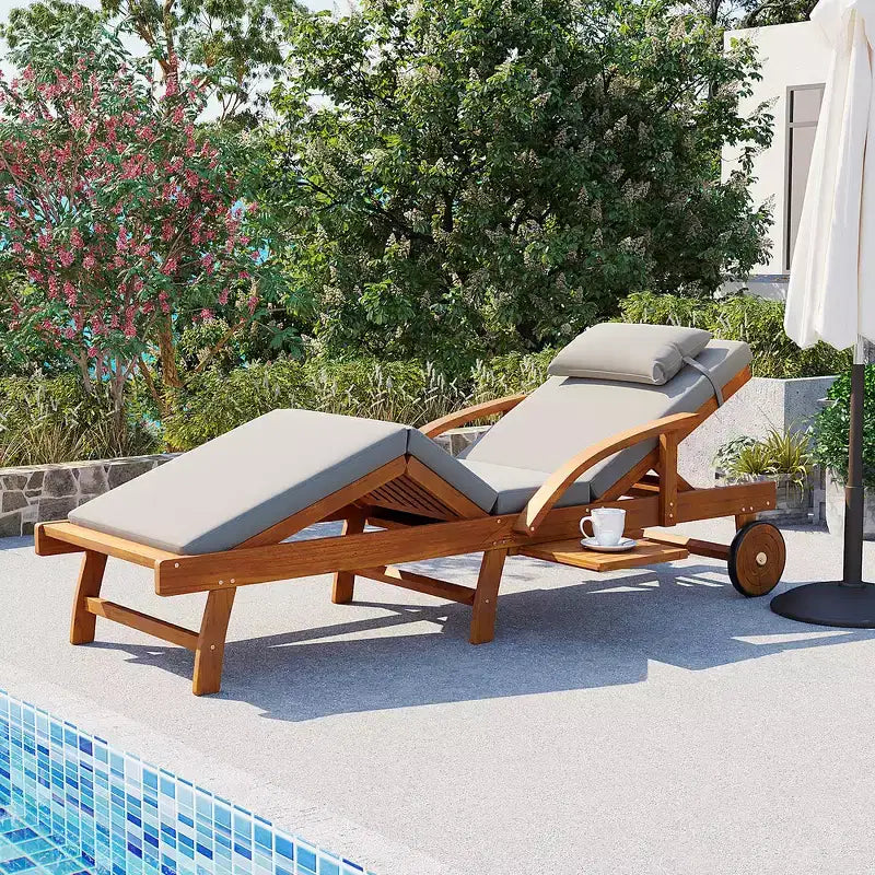 Whisen 77.5 Outdoor Chaise Lounge, Patio Lounge Chair, Pool Lounge Chair with Acacia Wood Frame, Adjustable Backrest, Wheels, Retractable