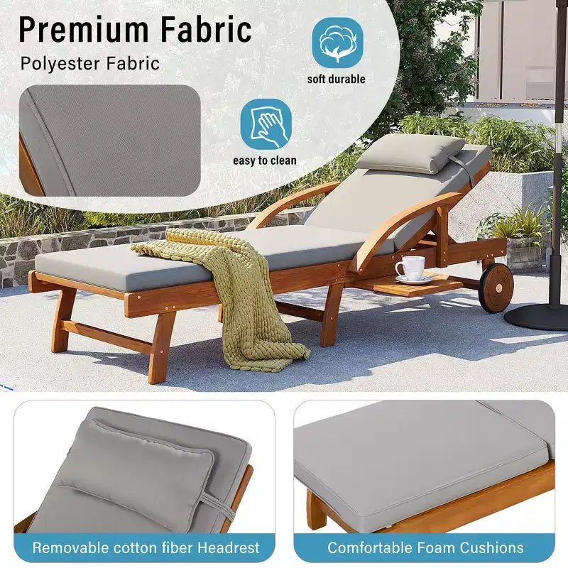 Whisen 77.5 Outdoor Chaise Lounge, Patio Lounge Chair, Pool Lounge Chair with Acacia Wood Frame, Adjustable Backrest, Wheels, Retractable