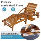 Whisen 77.5 Outdoor Chaise Lounge, Patio Lounge Chair, Pool Lounge Chair with Acacia Wood Frame, Adjustable Backrest, Wheels, Retractable
