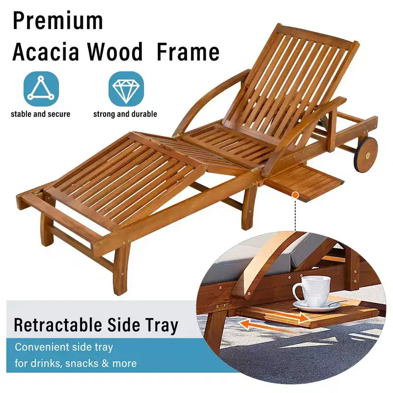 Whisen 77.5 Outdoor Chaise Lounge, Patio Lounge Chair, Pool Lounge Chair with Acacia Wood Frame, Adjustable Backrest, Wheels, Retractable