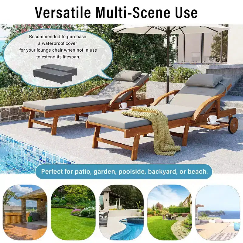 Whisen 77.5 Outdoor Chaise Lounge, Patio Lounge Chair, Pool Lounge Chair with Acacia Wood Frame, Adjustable Backrest, Wheels, Retractable