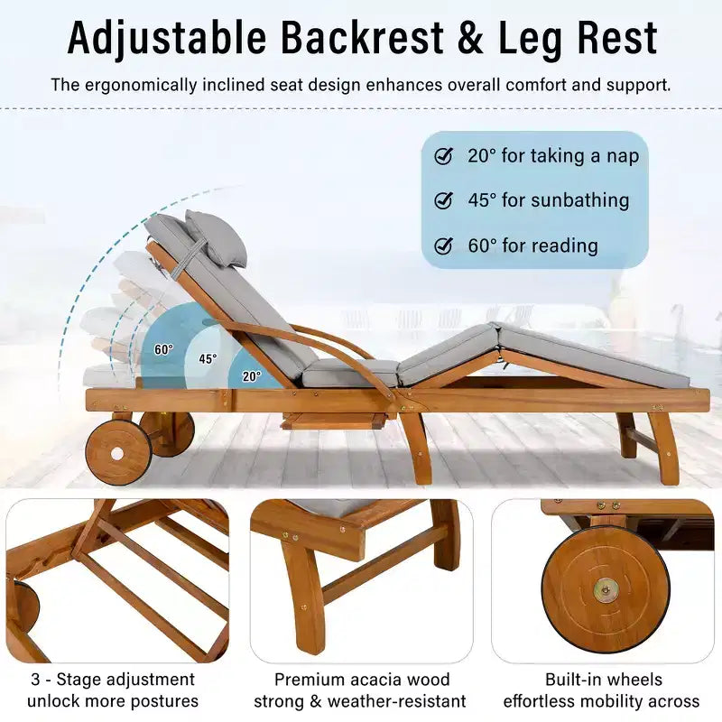 Whisen 77.5 Outdoor Chaise Lounge, Patio Lounge Chair, Pool Lounge Chair with Acacia Wood Frame, Adjustable Backrest, Wheels, Retractable