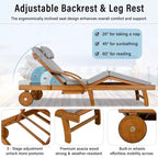 Whisen 77.5 Outdoor Chaise Lounge, Patio Lounge Chair, Pool Lounge Chair with Acacia Wood Frame, Adjustable Backrest, Wheels, Retractable