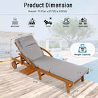 Whisen 77.5 Outdoor Chaise Lounge, Patio Lounge Chair, Pool Lounge Chair with Acacia Wood Frame, Adjustable Backrest, Wheels, Retractable