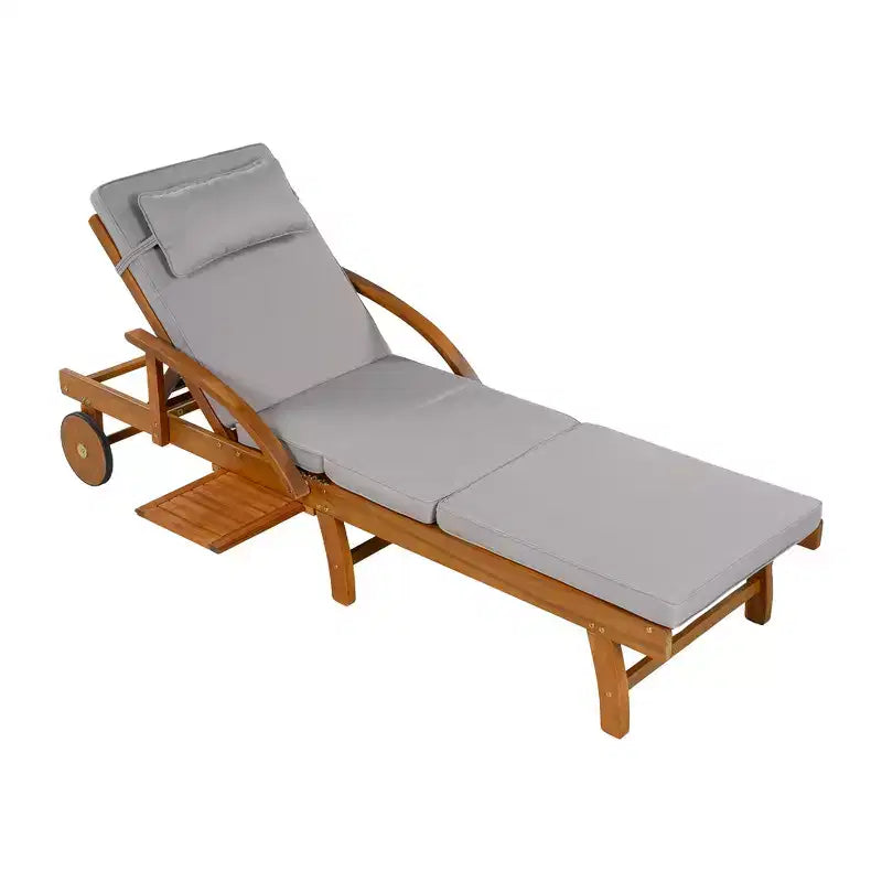 Whisen 77.5 Outdoor Chaise Lounge, Patio Lounge Chair, Pool Lounge Chair with Acacia Wood Frame, Adjustable Backrest, Wheels, Retractable