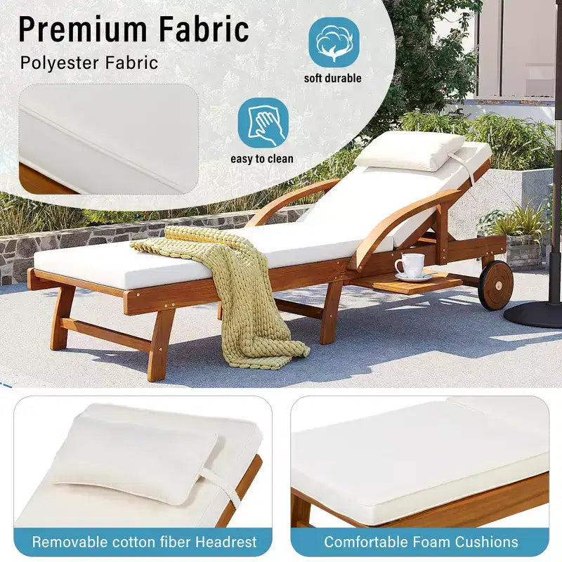 Whisen 77.5 Outdoor Chaise Lounge, Patio Lounge Chair, Pool Lounge Chair with Acacia Wood Frame, Adjustable Backrest, Wheels, Retractable