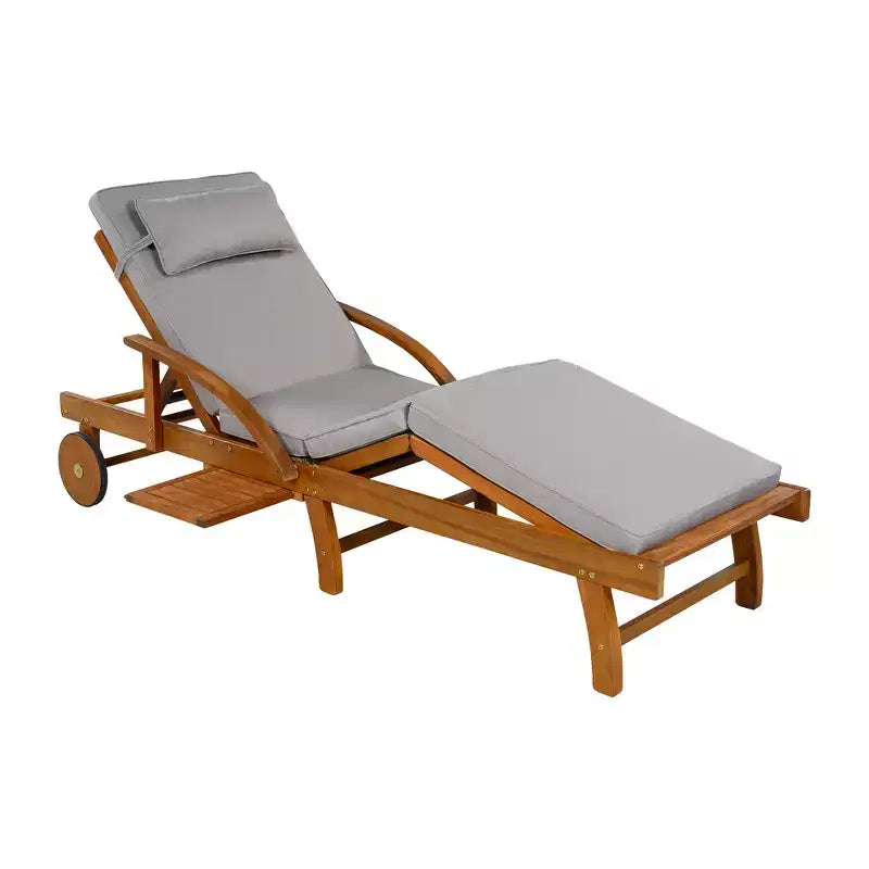 Whisen 77.5 Outdoor Chaise Lounge, Patio Lounge Chair, Pool Lounge Chair with Acacia Wood Frame, Adjustable Backrest, Wheels, Retractable