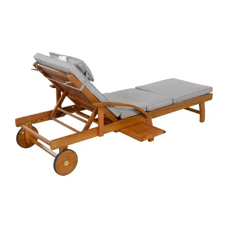 Whisen 77.5 Outdoor Chaise Lounge, Patio Lounge Chair, Pool Lounge Chair with Acacia Wood Frame, Adjustable Backrest, Wheels, Retractable